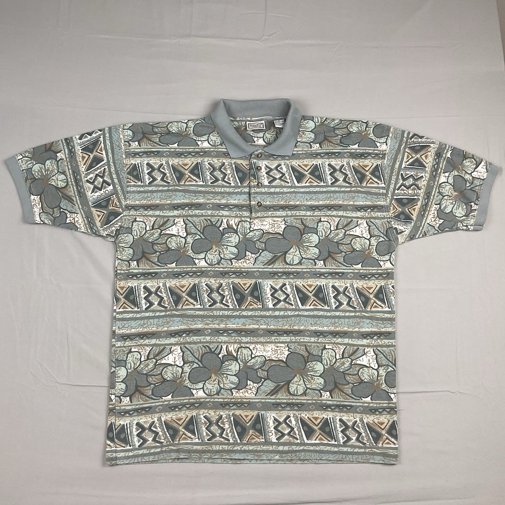 Bugle Boy Vintage Tribal‎ Floral Costal  Tiki Polo Shirt XL 90s Surf Y2K Street